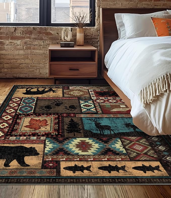 YIHOUSE Rustic Cabin Area Rug 4x6,Machine Washable Lodge Bear Rug,Non-Slip Low Pile Print Pattern Western Rug for Living Room Bedroom