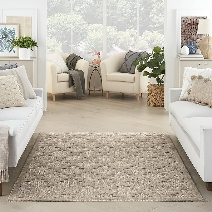 Nourison Home Easy Care Moroccan Natural Beige 4' x 6' Area Rug, Trellis, Easy Cleaning, Non Shedding, Bed Room, Living Room, Dining Room, Backyard, Deck, Patio (4x6)