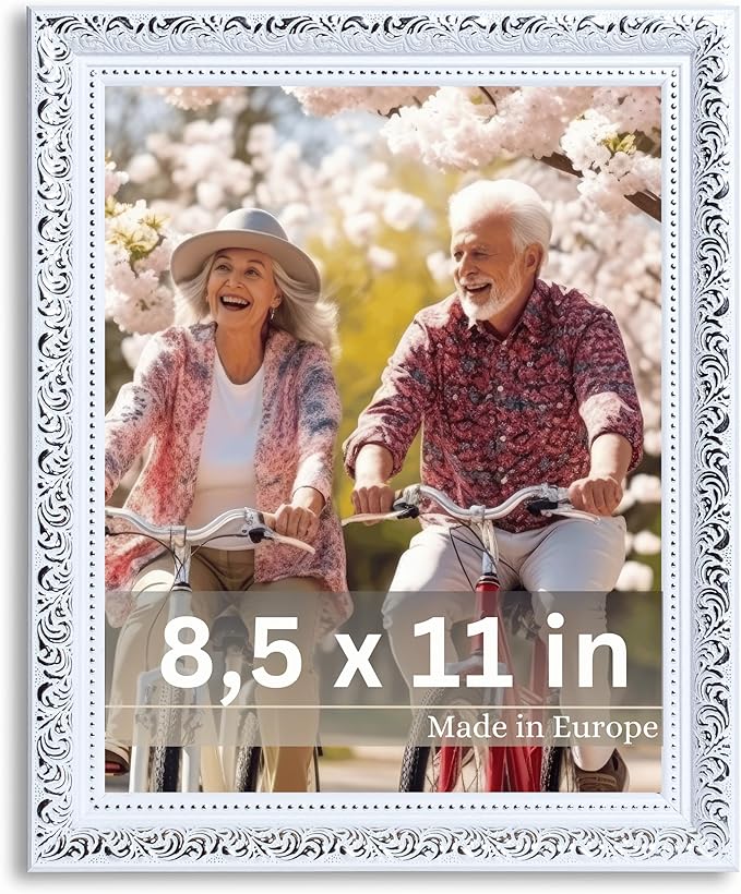 VictoR 8,5x11 Picture Frame Rubens White Silver - Picture Frames 8.5 x 11 - with Shutterproof Acrylic Glass - Antique - White 8.5 by 11 - only for hanging