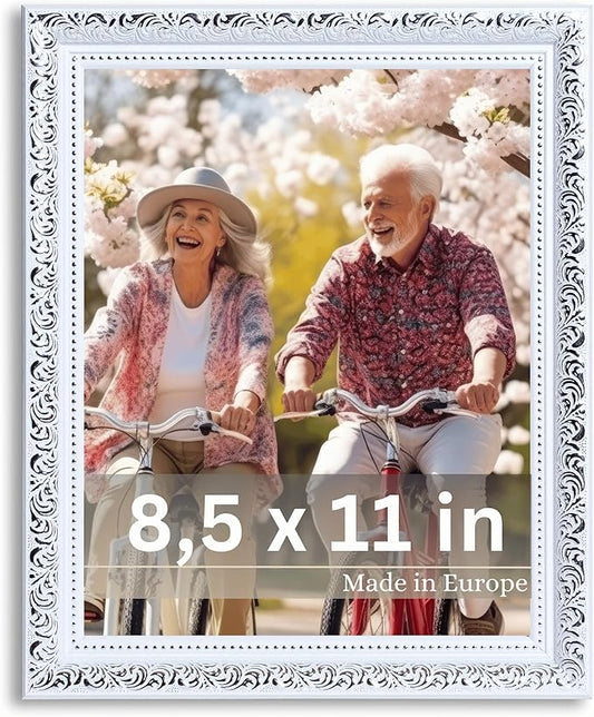 VictoR 8,5x11 Picture Frame Rubens White Silver - Picture Frames 8.5 x 11 - with Shutterproof Acrylic Glass - Antique - White 8.5 by 11 - only for hanging