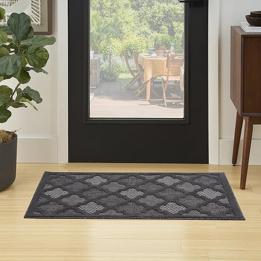 Nourison Home Easy Care Indoor/Outdoor Charcoal Black 3' x 5' Area Rug, Easy Cleaning, Non Shedding, Bed Room, Living Room, Dining Room, Backyard, Deck, Patio (3x5)