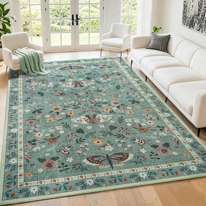 5x7 Rug for Living Room, Washable Area Rugs for Bedroom, Soft Non Slip Indoor Low Pile Carpet for Dining Room, Large Throw Floral Butterfly Carpets for Office Nursery Home Decor, Light Green