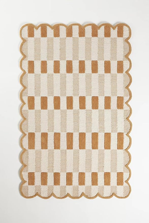 Hand-Tufted Wool Area Rug with Scalloped Edges, Neutral Beige Plaid Pattern, Cozy Soft Accent Rug for Living Room, Bedroom, and Nursery, Handmade Decorative Carpet, 8x8 Ft (Square)