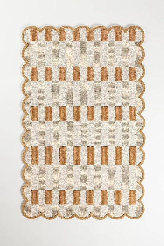 Hand-Tufted Wool Area Rug with Scalloped Edges, Neutral Beige Plaid Pattern, Cozy Soft Accent Rug for Living Room, Bedroom, and Nursery, Handmade Decorative Carpet, 8x8 Ft (Square)
