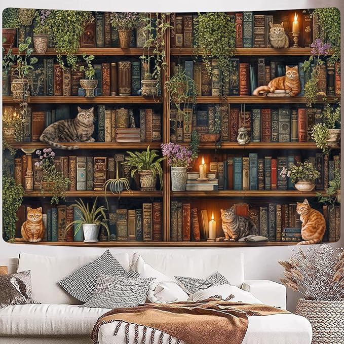 GOAOK Magic Library Tapestry, Green Nature Plant Bookshelf Tapestries for Classroom, Vintage Retro Witchy Library Book Gothic Academics Cat Tapestry for Bedroom Living Room Dorm Office 80X60 Inch