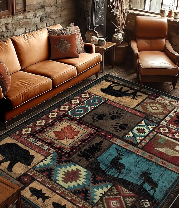 YIHOUSE Rustic Cabin Area Rug 6x9,Machine Washable Lodge Bear Rug,Non-Slip Low Pile Print Pattern Southwestern Rug for Living Room Bedroom