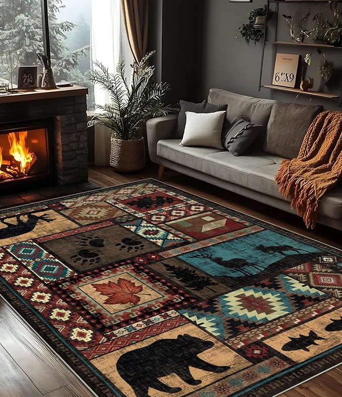 YIHOUSE Rustic Cabin Area Rug 5x7,Machine Washable Lodge Bear Rug,Non-Slip Low Pile Print Pattern Southwestern Rug for Living Room Bedroom