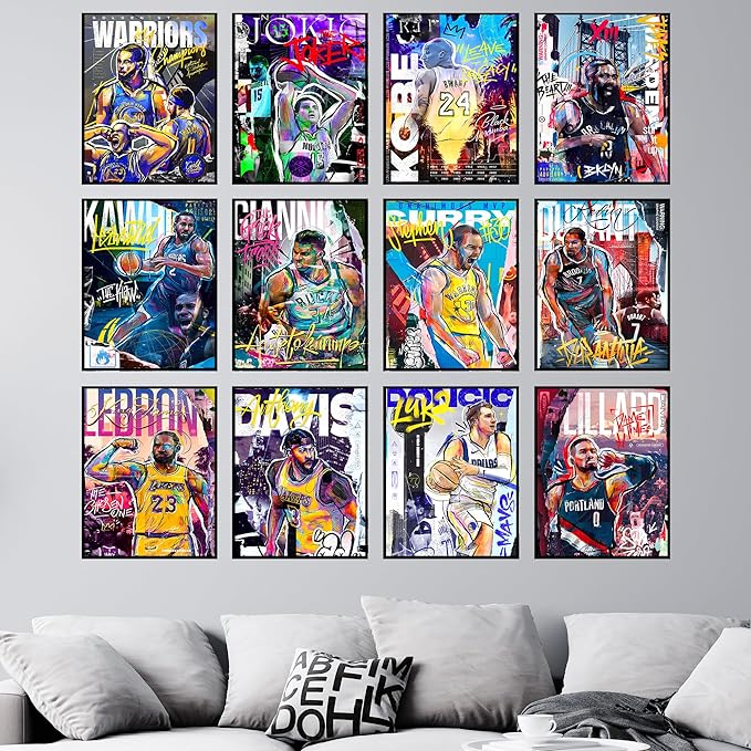 BigWig Prints Basketball Posters - Nba Posters, Basketball Room Decor, Nba Room Decor, Steph Curry, Kobe Bryant Wall Art, Kevin Durant, Lebron Wall Art, Warriors, Lakers - Unframed Set of 12 (8x10)