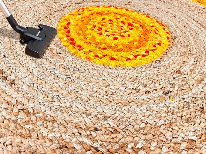 10' Round Handwoven Yellow Jute Chindi Area Rug, Multicolor Bohemian Rustic Throw Rugs for Farmhouse, Bedroom, Dining Room, Classroom, Hallway, Kitchen, Office