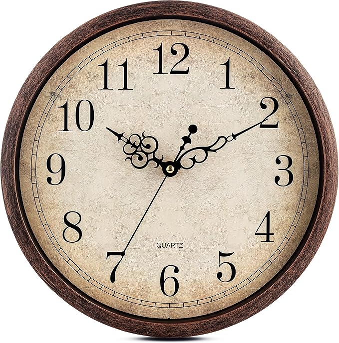 Bernhard Products Vintage Brown Wall Clock Silent Non Ticking 12 Inch Quality Quartz Battery Operated Round Decorative Easy to Read for Home Kitchen Living/Dining Room Bedroom Office Classroom School