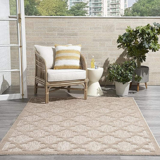 Nourison Home Easy Care Moroccan Natural Beige 5' x 7' Area Rug, Trellis, Easy Cleaning, Non Shedding, Bed Room, Living Room, Dining Room, Backyard, Deck, Patio (5x7)