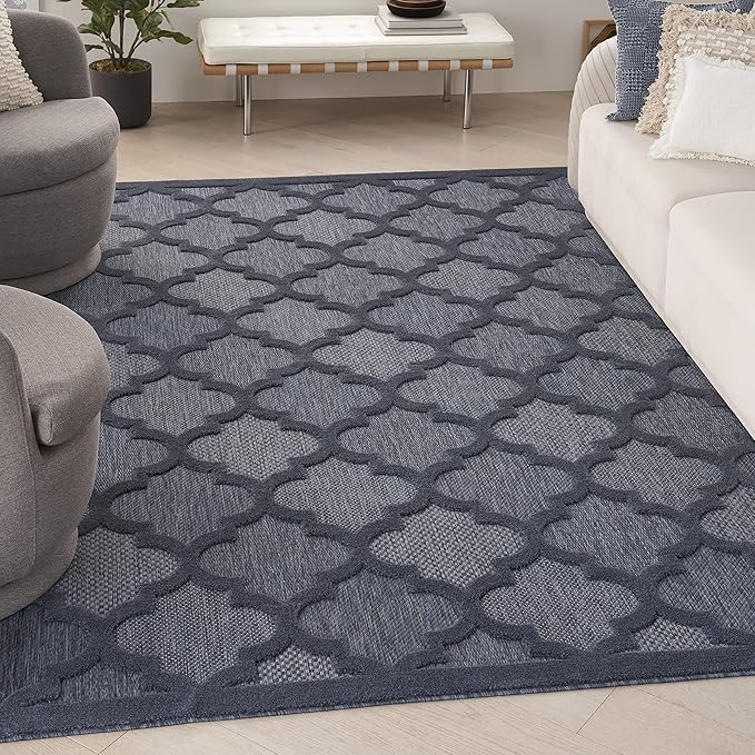 Nourison Home Easy Care Moroccan Navy Blue 8' x 10' Area Rug, Trellis, Easy Cleaning, Non Shedding, Bed Room, Living Room, Dining Room, Backyard, Deck, Patio (8x10)