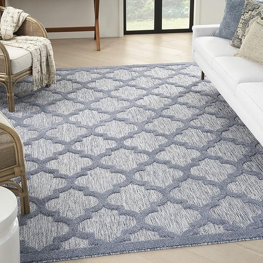 Nourison Home Easy Care Moroccan Denim Blue 7' x 10' Area Rug, Trellis, Easy Cleaning, Non Shedding, Bed Room, Living Room, Dining Room, Backyard, Deck, Patio (7x10)