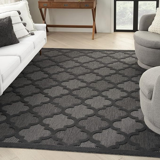 Nourison Home Easy Care Indoor/Outdoor Charcoal Black 12' x 15' Area Rug, Easy Cleaning, Non Shedding, Bed Room, Living Room, Dining Room, Backyard, Deck, Patio (12x15)